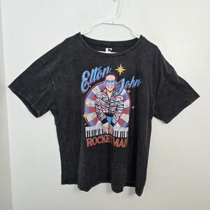 NWT Elton John Black Multicolor Patriotic Rocketman Rhinestone T-Shirt Size XL